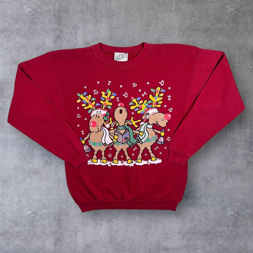 Vintage Tultex Christmas Reindeer Festive Cartoon Graphic Red Sweatshirt