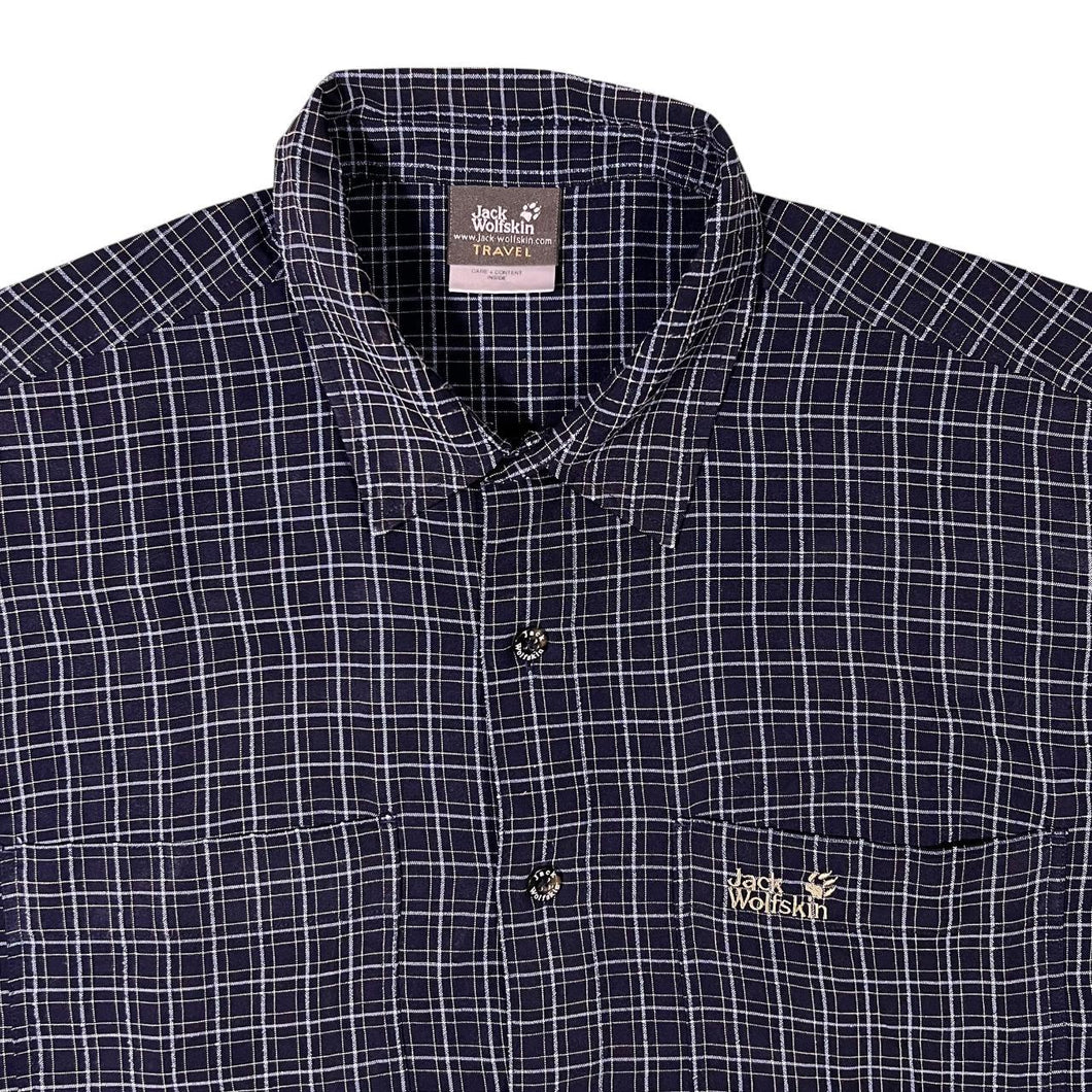 Jack Wolfskin Travel Navy Blue Check Short Sleeve Polyester Viscose Shirt