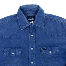 Load image into Gallery viewer, Vintage Wrangler Cowboy Western Pearl Snap Popper Blue Denim Long Sleeve Cotton Shirt
