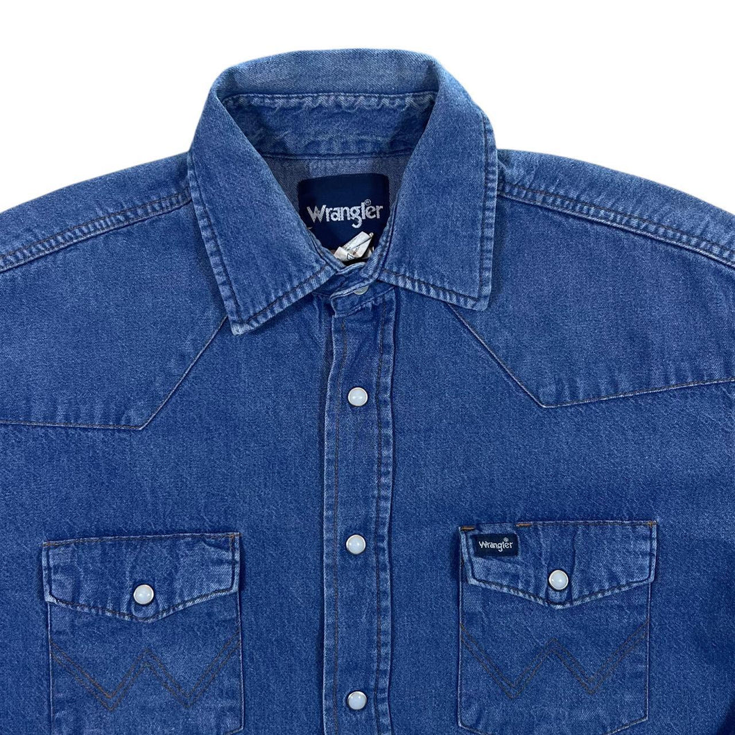 Vintage Wrangler Cowboy Western Pearl Snap Popper Blue Denim Long Sleeve Cotton Shirt