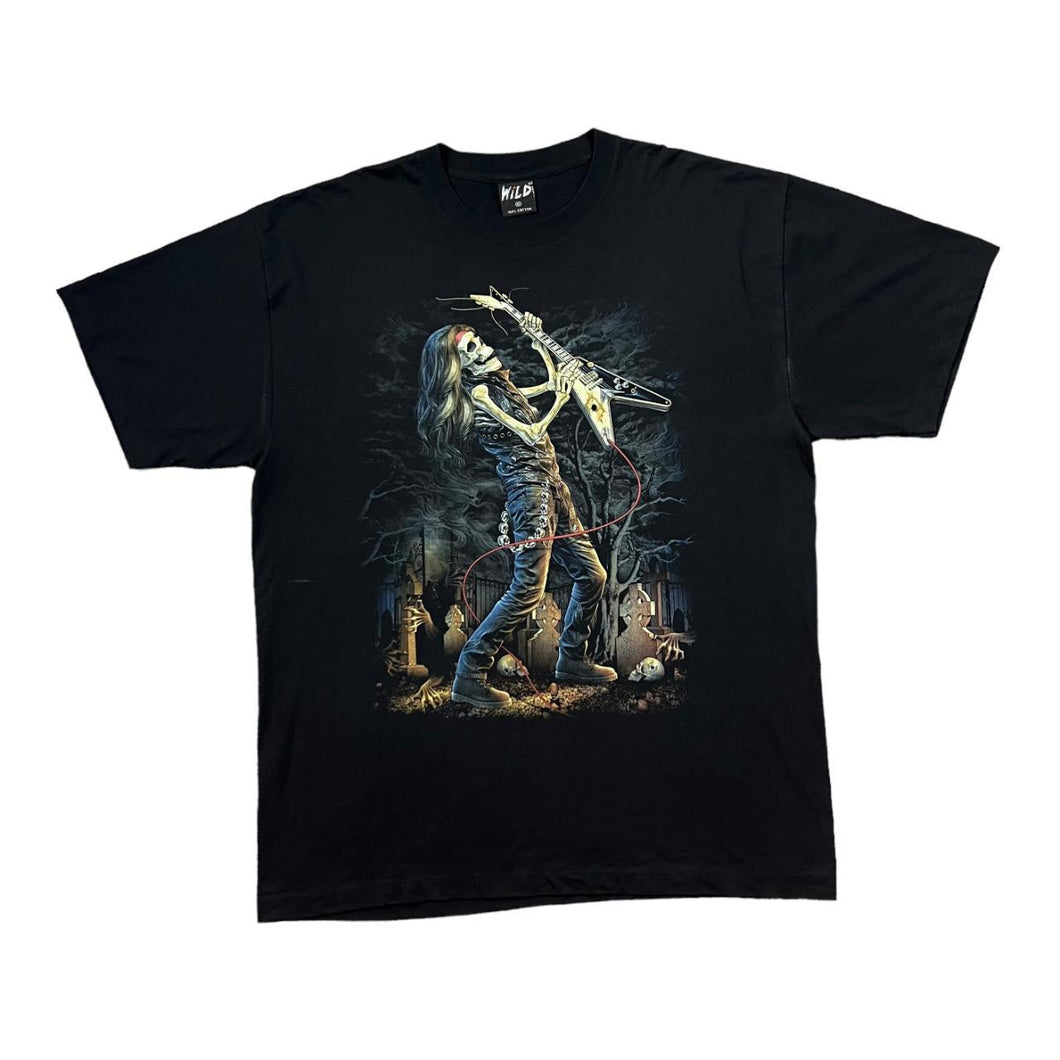 Early 00's WILD Gothic Fantasy Skeleton Guitarist Music Graphic T-Shirt