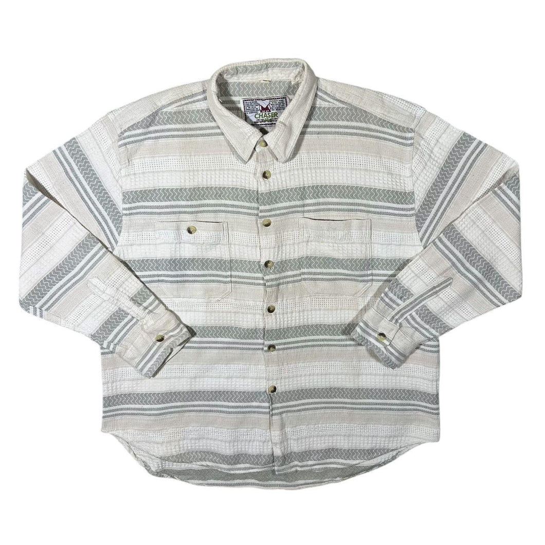 Vintage Chaser Grey White Cream Striped Patterned Cotton Long Sleeve Flannel Shirt