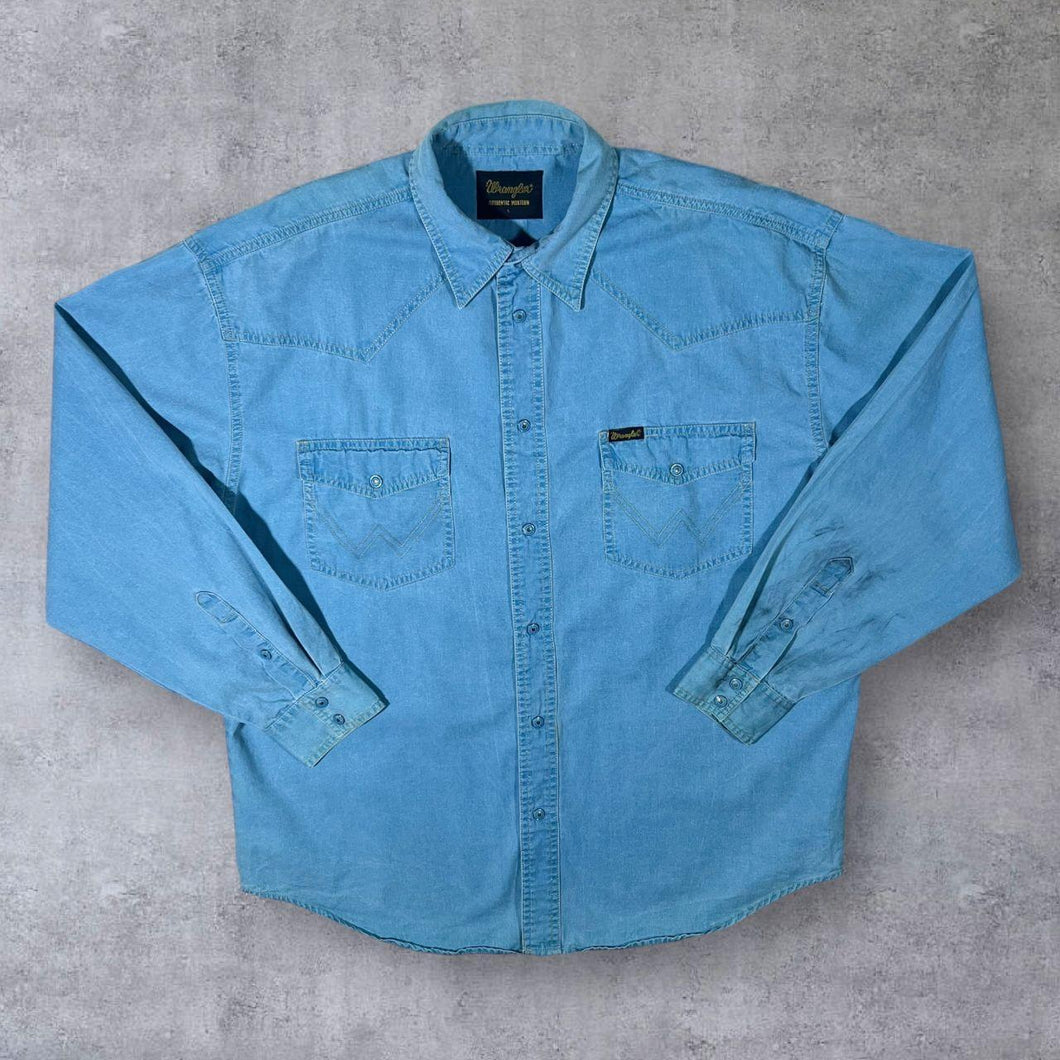 Vintage Wrangler Cowboy Western Washed Blue Popper Cotton Long Sleeve Shirt