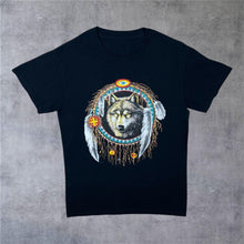 Load image into Gallery viewer, Wolf Native American Navajo Dream Catcher Spiritual Graphic Black T-Shirt
