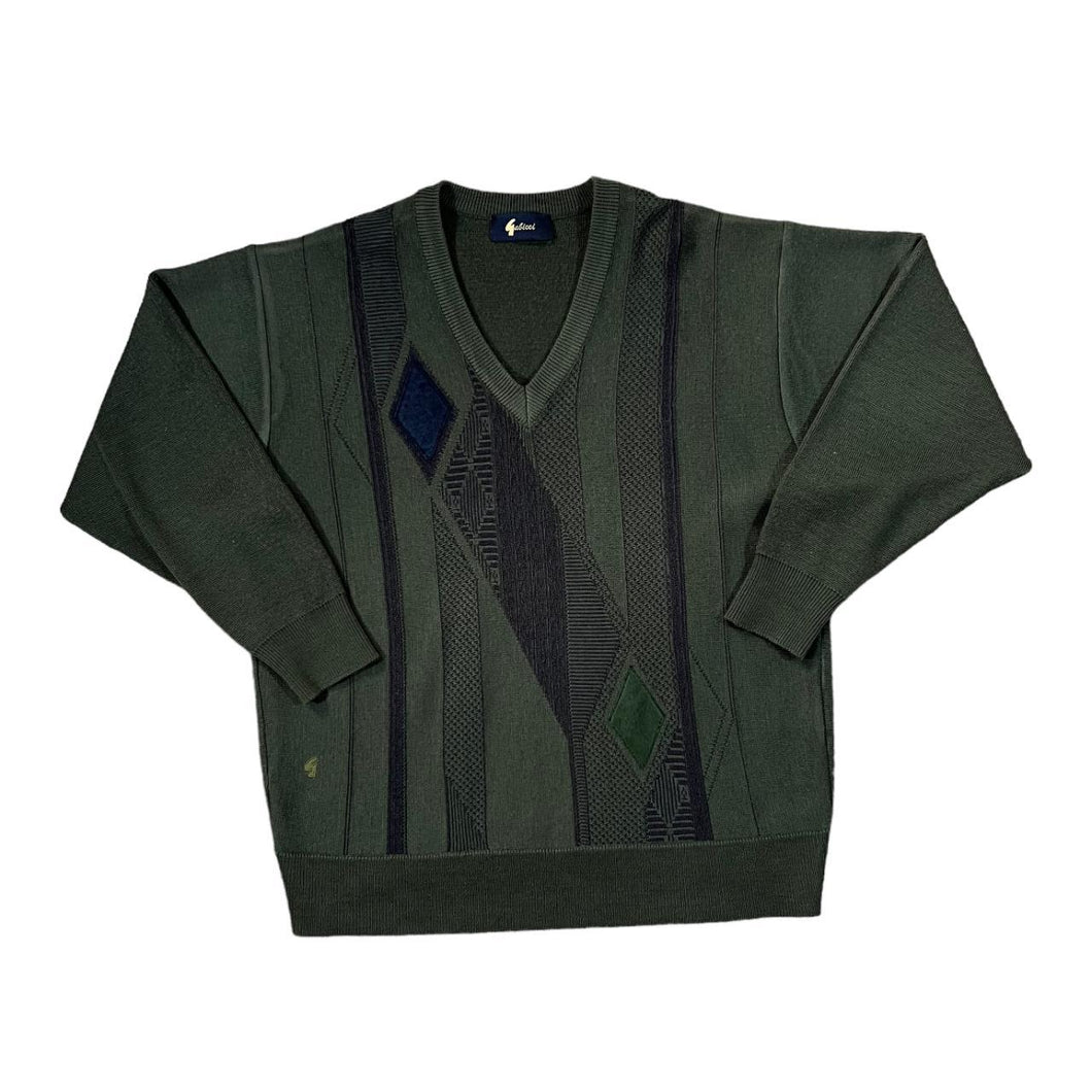 Vintage GABICCI Grandad Patterned Wool Acrylic Knit Green V-Neck Sweater Jumper