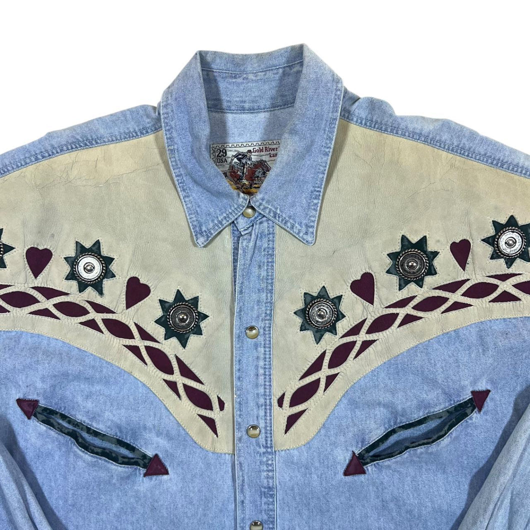 Vintage 90's Gold River Cowboy Western Popper Button Blue Denim Long Sleeve Shirt
