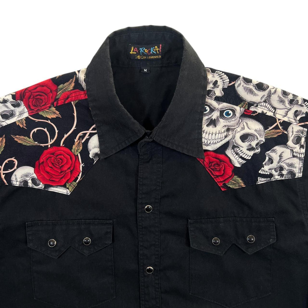 La Rocka! Biker Rockabilly Gothic Skull Rose Patterned Popper Short Sleeve Black Shirt