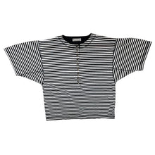 Load image into Gallery viewer, Vintage ESSENTIAL BASICS Black White Striped Henley Button Short Sleeve T-Shirt
