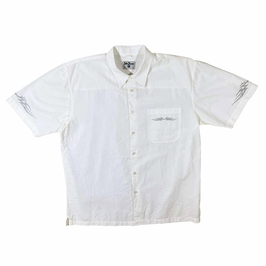 Early 00's John Baner Gothic Y2K Tribal Patterned White Cotton Short Sleeve Shirt