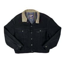 Load image into Gallery viewer, Vintage 90&#39;s MUSTANG Stormrider Blanket Stripe Lined Cord Collar Black Denim Trucker Jacket

