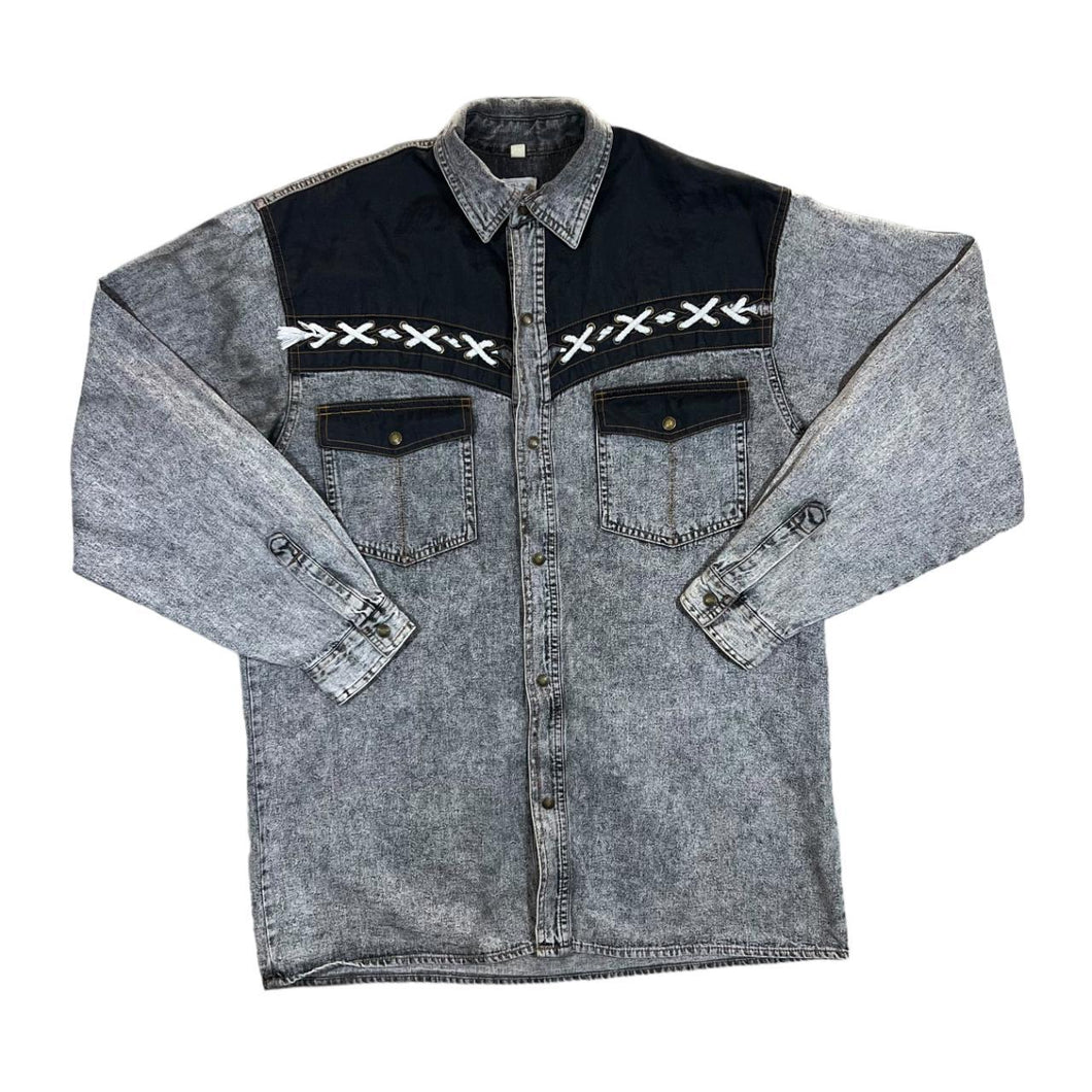 Vintage 90's ARIZONA JEANS Lace Panel Western Cowboy Long Sleeve Acid Wash Black Denim Shirt