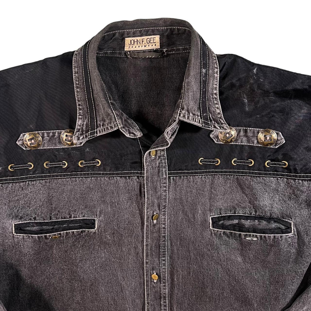 Vintage John F. Gee Cowboy Western Washed Black Grey Denim Long Sleeve Shirt