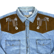 Load image into Gallery viewer, Vintage John F. Gee Cowboy Western Embroidered Blue Denim Popper Long Sleeve Shirt
