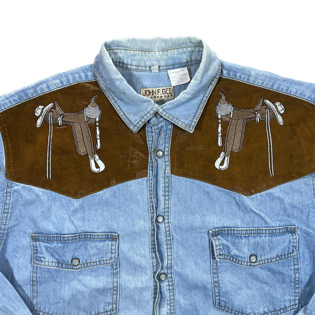 Vintage John F. Gee Cowboy Western Embroidered Blue Denim Popper Long Sleeve Shirt