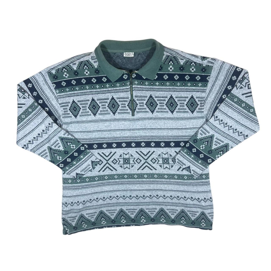 Vintage 90's JACQUES By Schiesser Aztec Patterned 1/4 Zip Long Sleeve Polo Shirt