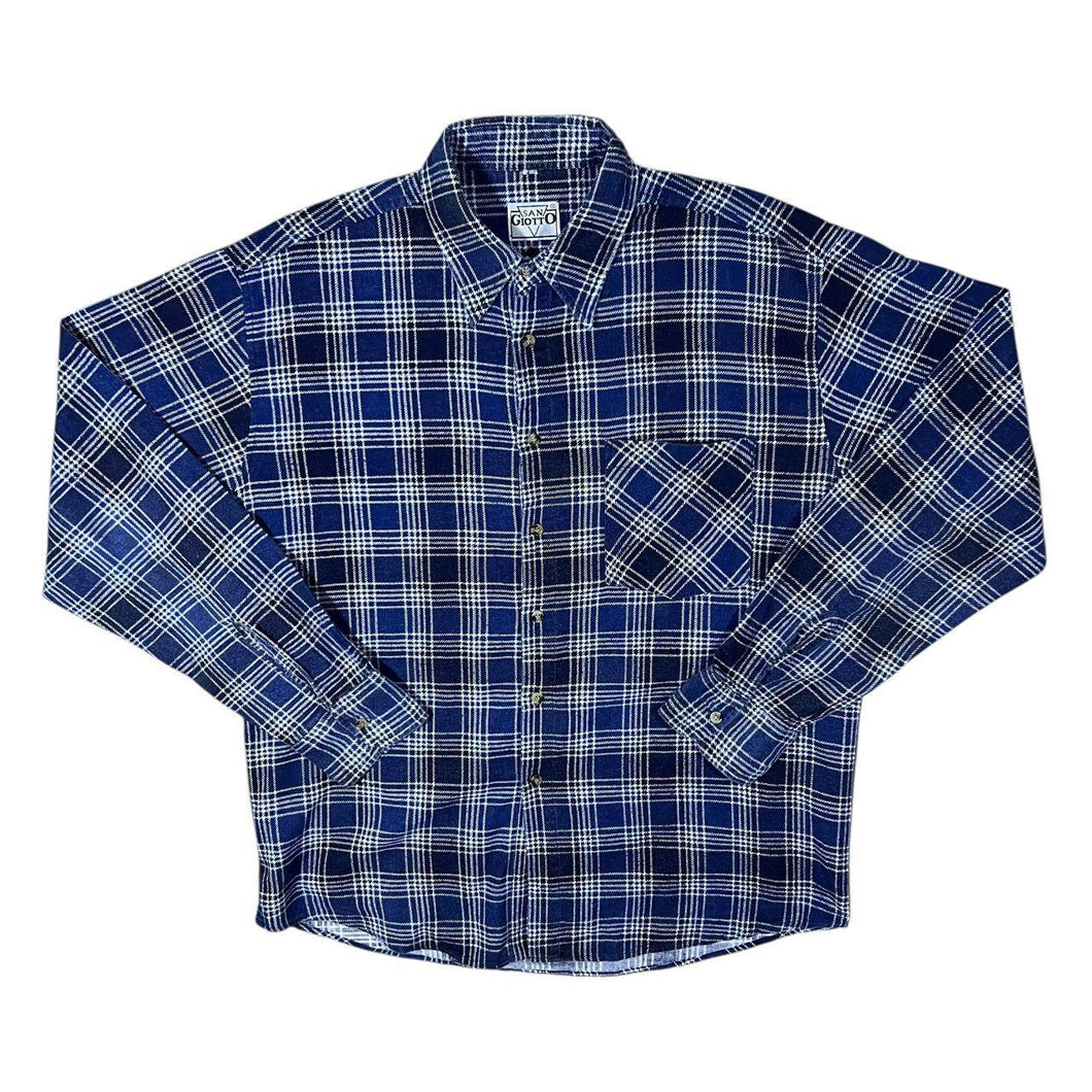 Vintage San Giotto Navy Blue White Plaid Check Cotton Long Sleeve Flannel Shirt