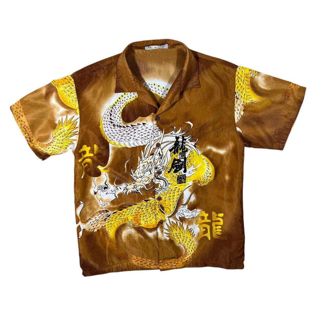 Early 00's Hai Zhour Gothic Y2K Dragon Graphic Burnt Orange Short Sleeve Shirt