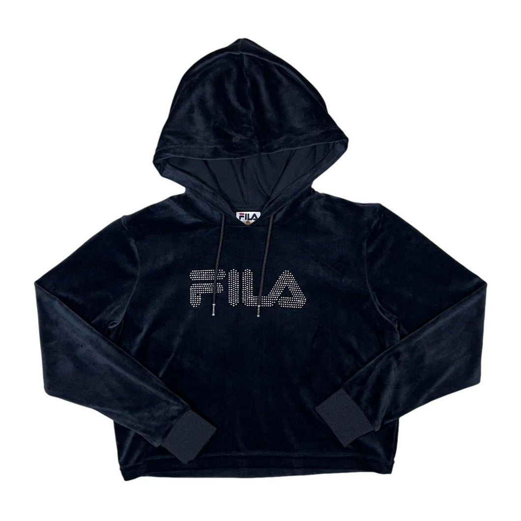 FILA Rhinestone Diamante Logo Spellout Black Velour Cropped Hoodie