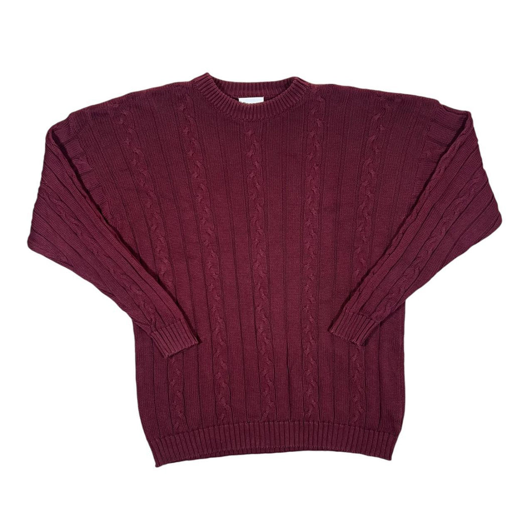 Vintage BHS Classic Burgundy Cable Knit Cotton Crewneck Sweater Jumper