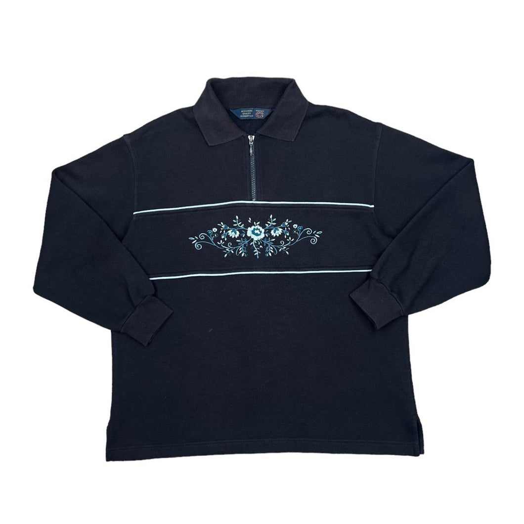 Vintage CASUAL CLUB Debenhams Embroidered Floral Flower Motif 1/4 Zip Collared Pullover Sweatshirt
