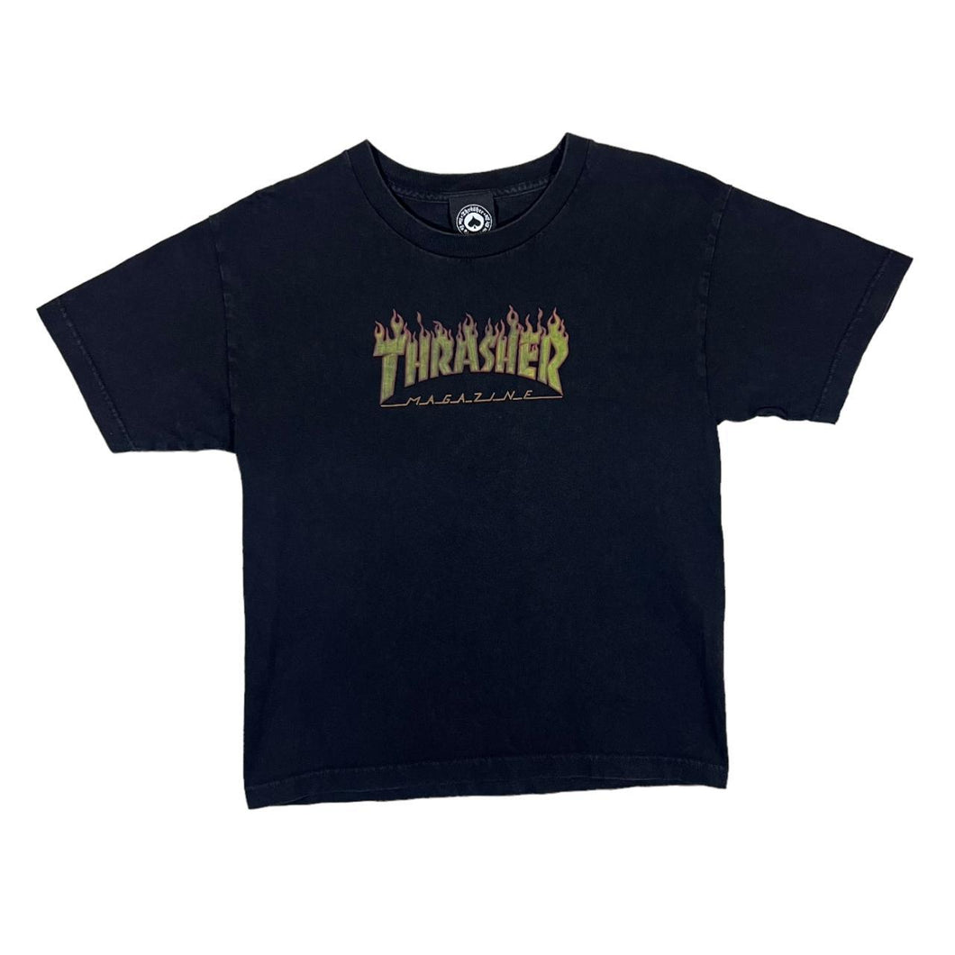 THRASHER MAGAZINE Classic Flaming Logo Spellout Skater Graphic Black T-Shirt