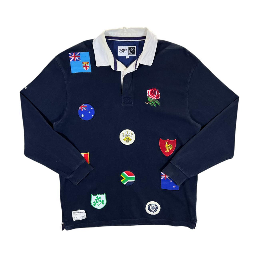 Early 00's COTTON TRADERS Rugby World Cup Embroidered Crest Long Sleeve Rugby Polo Shirt