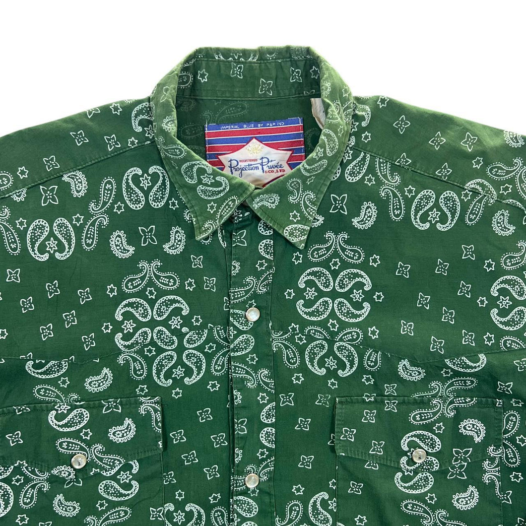 Vintage Projection Privee Green Paisley Patterned Cowboy Western Long Sleeve Shirt
