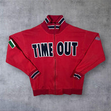 Load image into Gallery viewer, Early 00’s Timeout Embroidered Chenille Spellout Red Zip Sweatshirt
