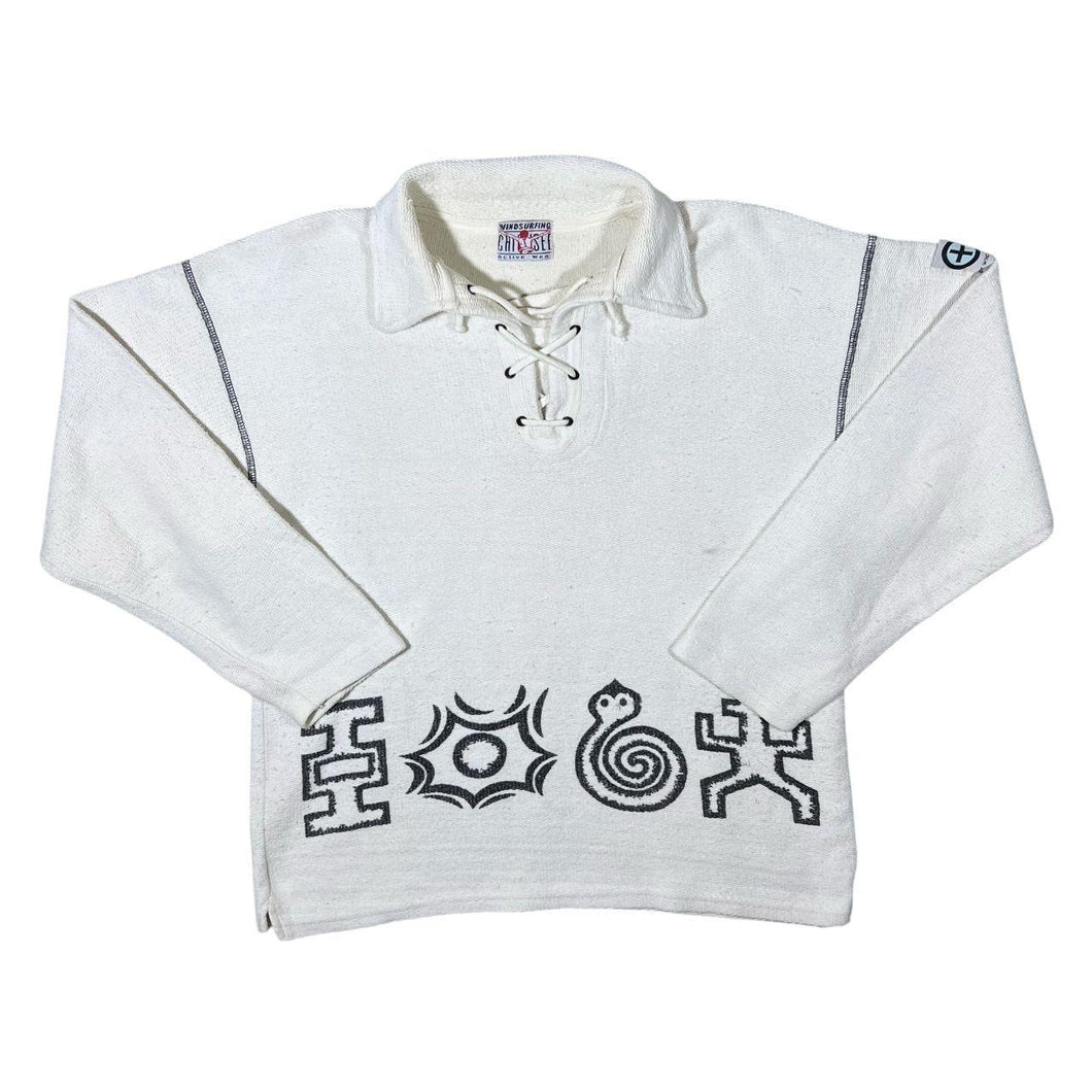 Vintage Windsurfing Chiemsee Spellout Graphic White Lace-Up Pullover Smock Shirt