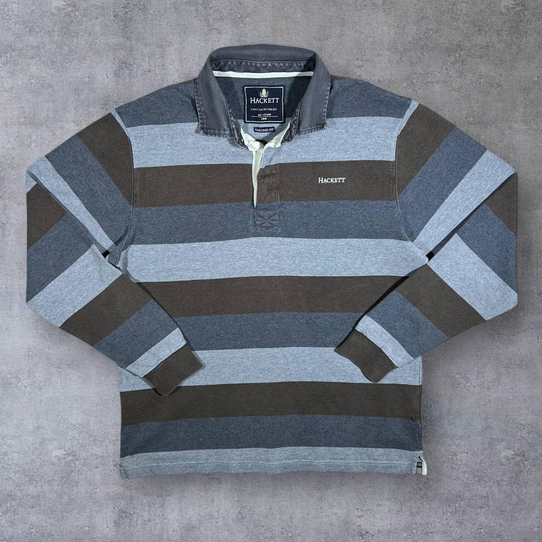 Hackett Grey Brown Mix Striped Long Sleeve Cotton Polo Shirt