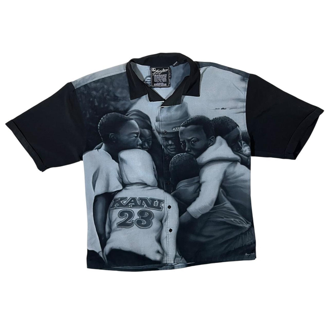 Early 00's Karl Kani Jeans Hip Hop Y2K Streetwear Airbrush Effect All-Over Print Short Sleeve Shirt