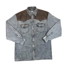 Load image into Gallery viewer, Vintage ARIZONA JEANS Leather Panel Cowboy Western Acid Wash Denim Long Sleeve Shirt
