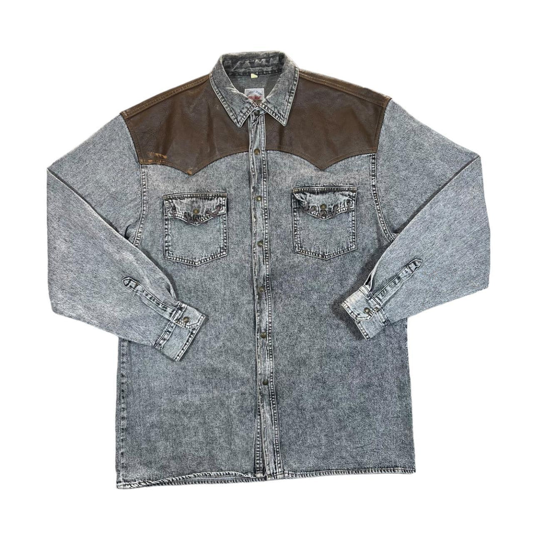 Vintage ARIZONA JEANS Leather Panel Cowboy Western Acid Wash Denim Long Sleeve Shirt