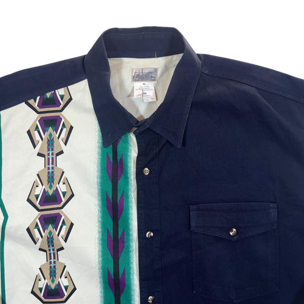 Vintage 90's Express Rider Cowboy Western Aztec Patterned Long Sleeve Cotton Shirt