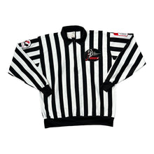Load image into Gallery viewer, Vintage BAUER OMHA &quot;Ontario 1998 Hockey Association&quot; Referee Striped Polyester Ice Hockey Collared 1/4 Zip Sweatshirt
