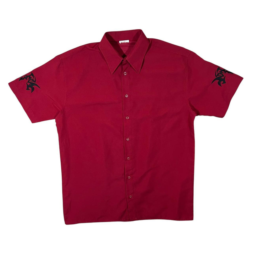 Early 00's C&A Red Gothic Y2K Tribal Embroidered Short Sleeve Shirt