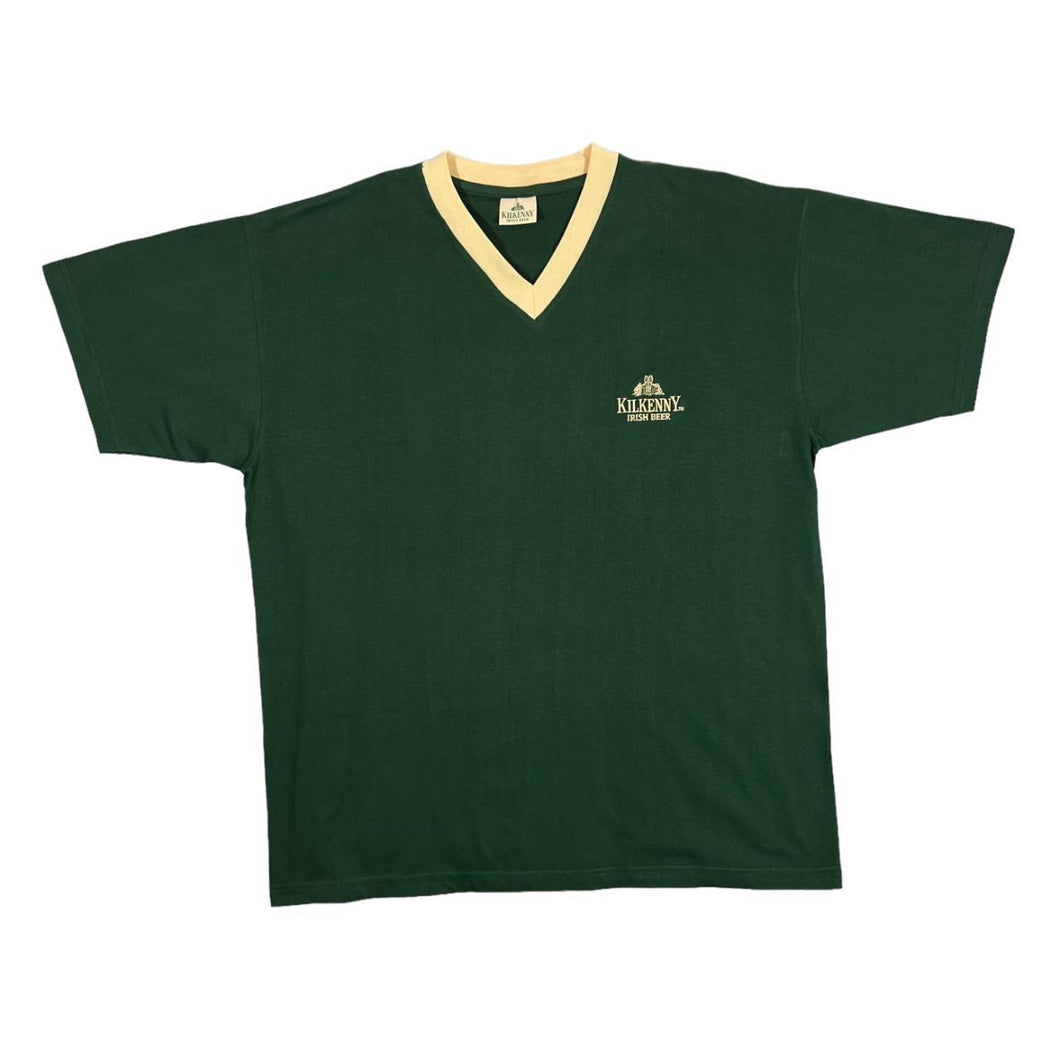 Early 00's KILKENNY IRISH BEER Embroidered Mini Logo Green V-Neck T-Shirt