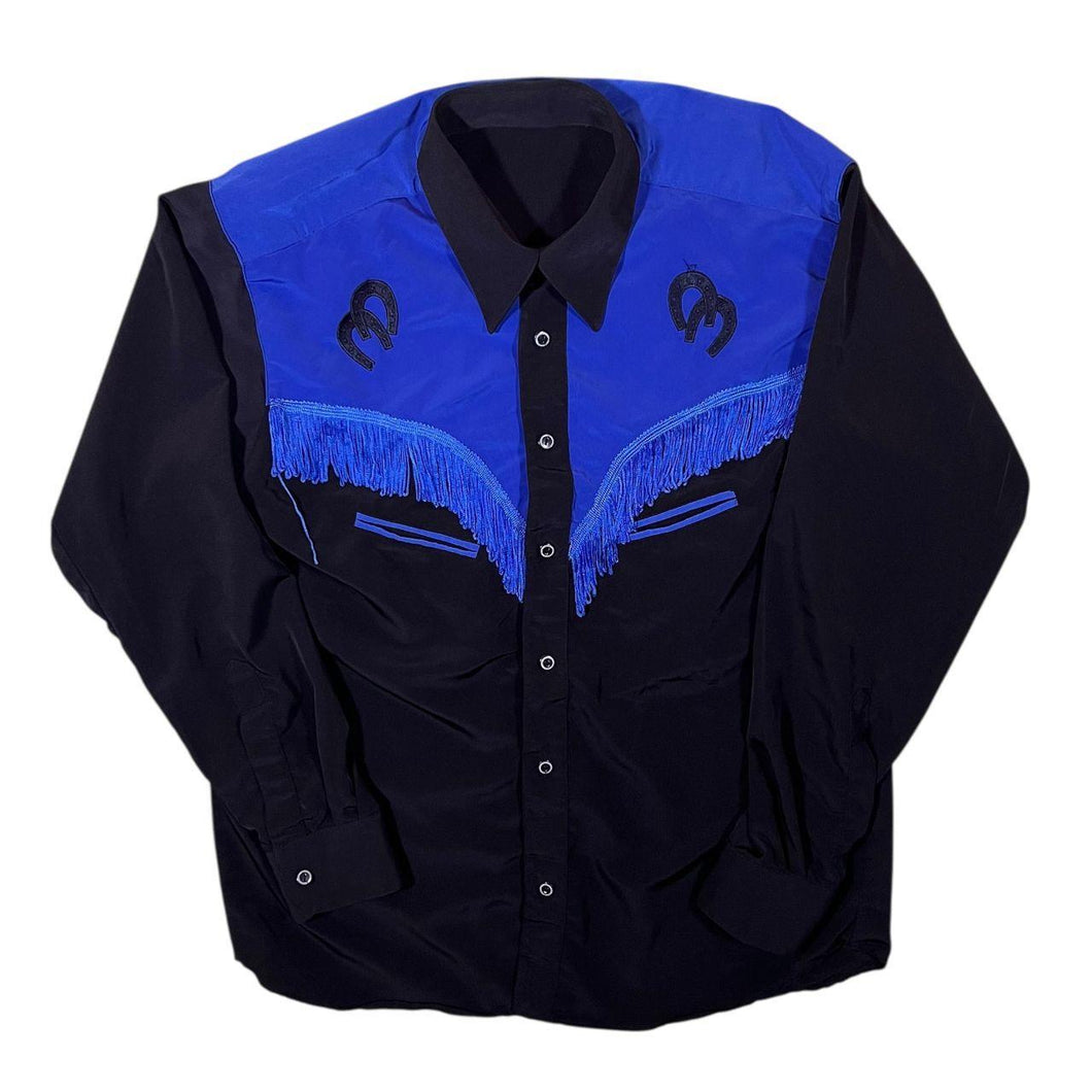 Vintage Dr. Roberto Black Blue Cowboy Western Tasselled Long Sleeve Shirt