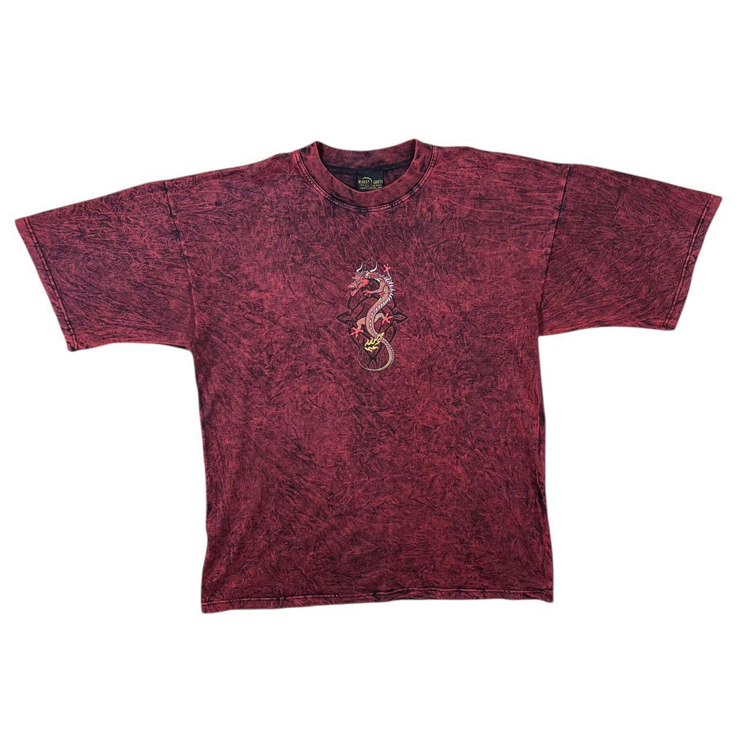 Vintage Planet Earth Gothic Dragon Graphic Red Tie Dye Acid Wash Cotton T-Shirt