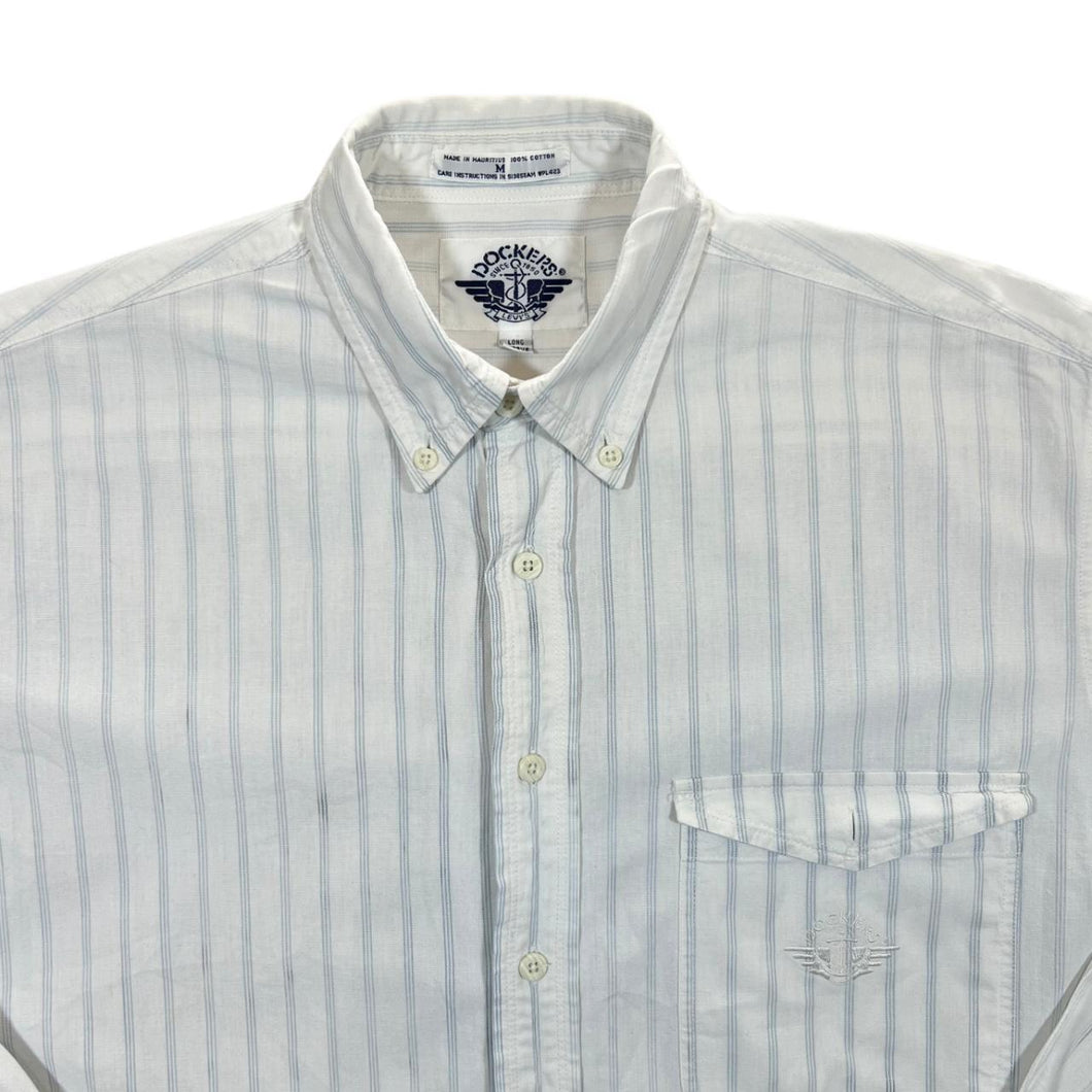 Dockers Embroidered Logo Blue White Striped Long Sleeve Cotton Button-Up Shirt