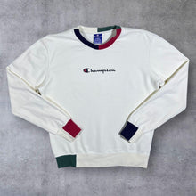 Load image into Gallery viewer, Champion Multi Coloured Trim Mini Spellout White Cotton Crewneck Sweatshirt
