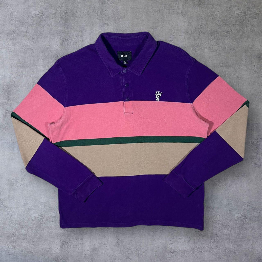 HUF Mini Logo Skater Colour Block Purple Pink Long Sleeve Polo Shirt