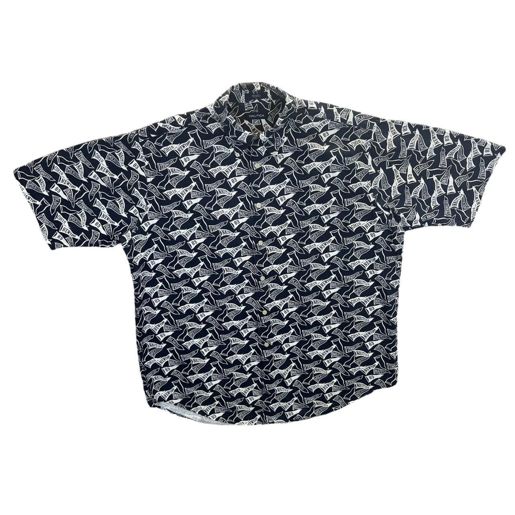 Nautica Flag All-Over Print Patterned Navy Blue Short Sleeve Cotton Button-Up Shirt