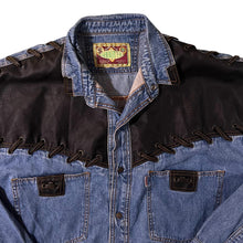 Load image into Gallery viewer, Vintage Shooter Cowboy Western Blue Denim Black Panel Popper Long Sleeve Shirt
