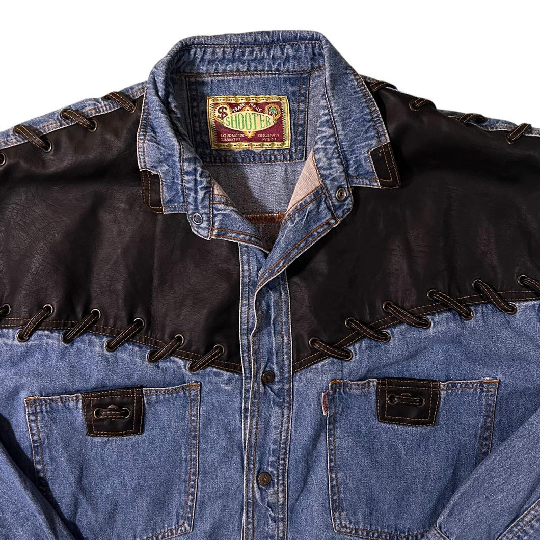 Vintage Shooter Cowboy Western Blue Denim Black Panel Popper Long Sleeve Shirt