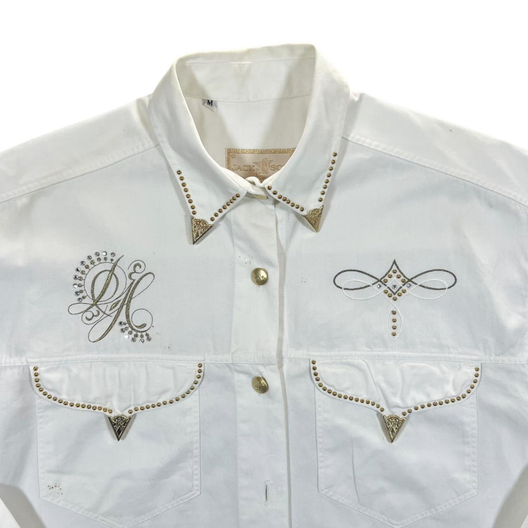 Vintage Jack & Sons Embroidered Diamante Cowboy Western White Long Sleeve Shirt
