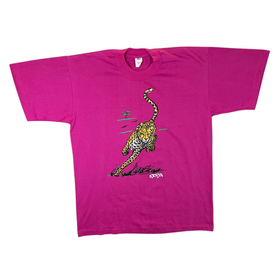 Vintage Sun Flag KENYA Cheetah Animal Souvenir Graphic Pink T-Shirt