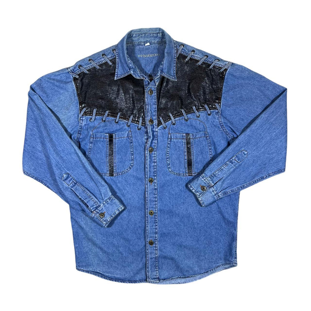 Vintage FORBIDDEN Cowboy Western Leather Panel Long Sleeve Denim Shirt