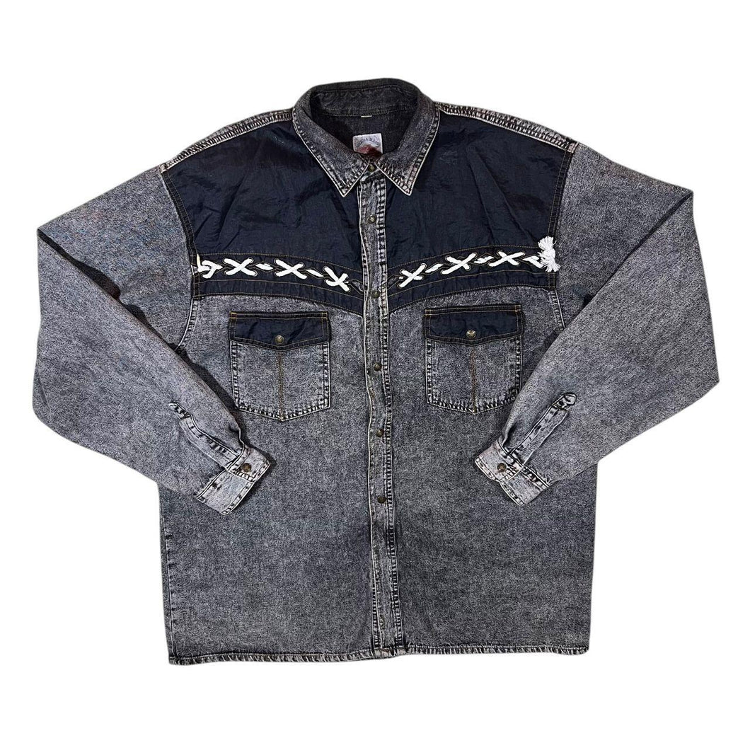 Vintage Arizona Jeans Cowboy Western Grey Acid Wash Denim Popper Long Sleeve Shirt