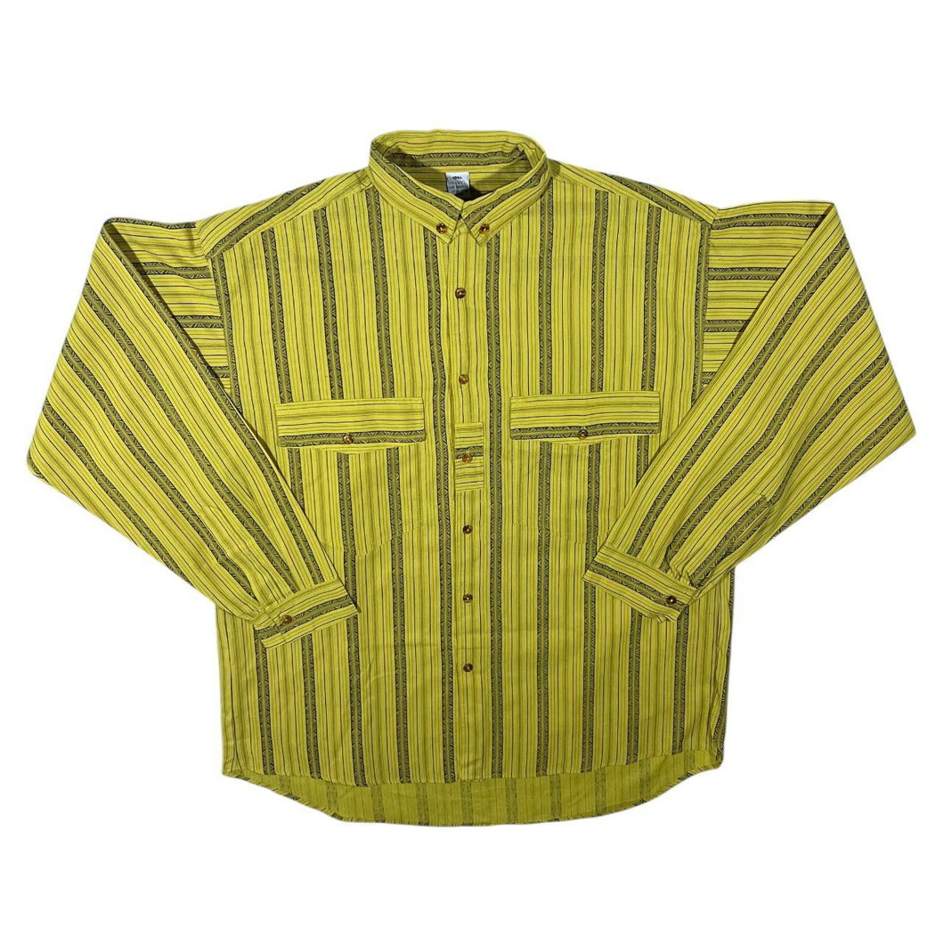 Vintage 90's Yellow Black Grey Striped Long Sleeve Cotton Button-Up Shirt